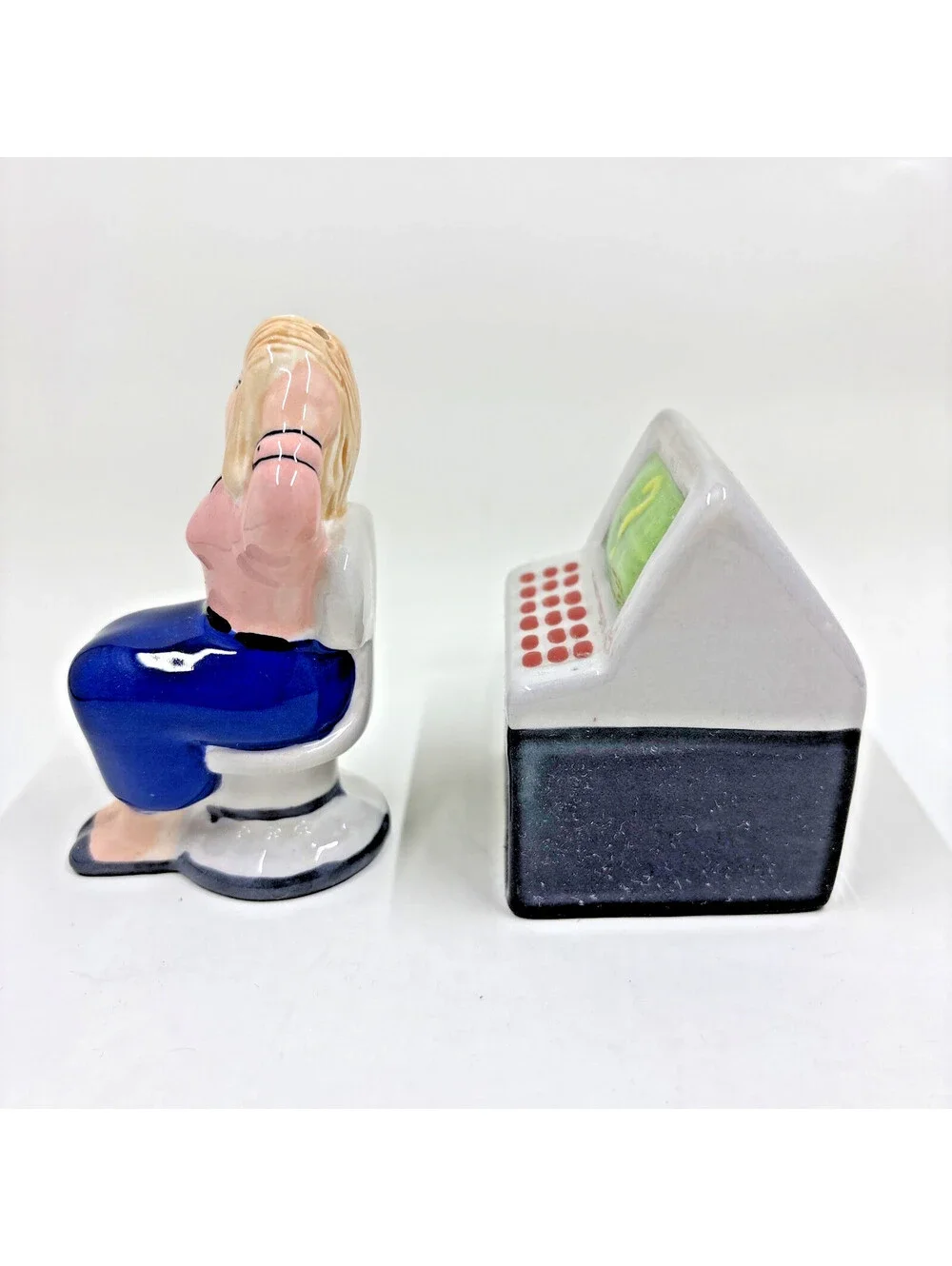 Woman sitting at 90s Style computer salt and pepper shakers  Vintage Rare